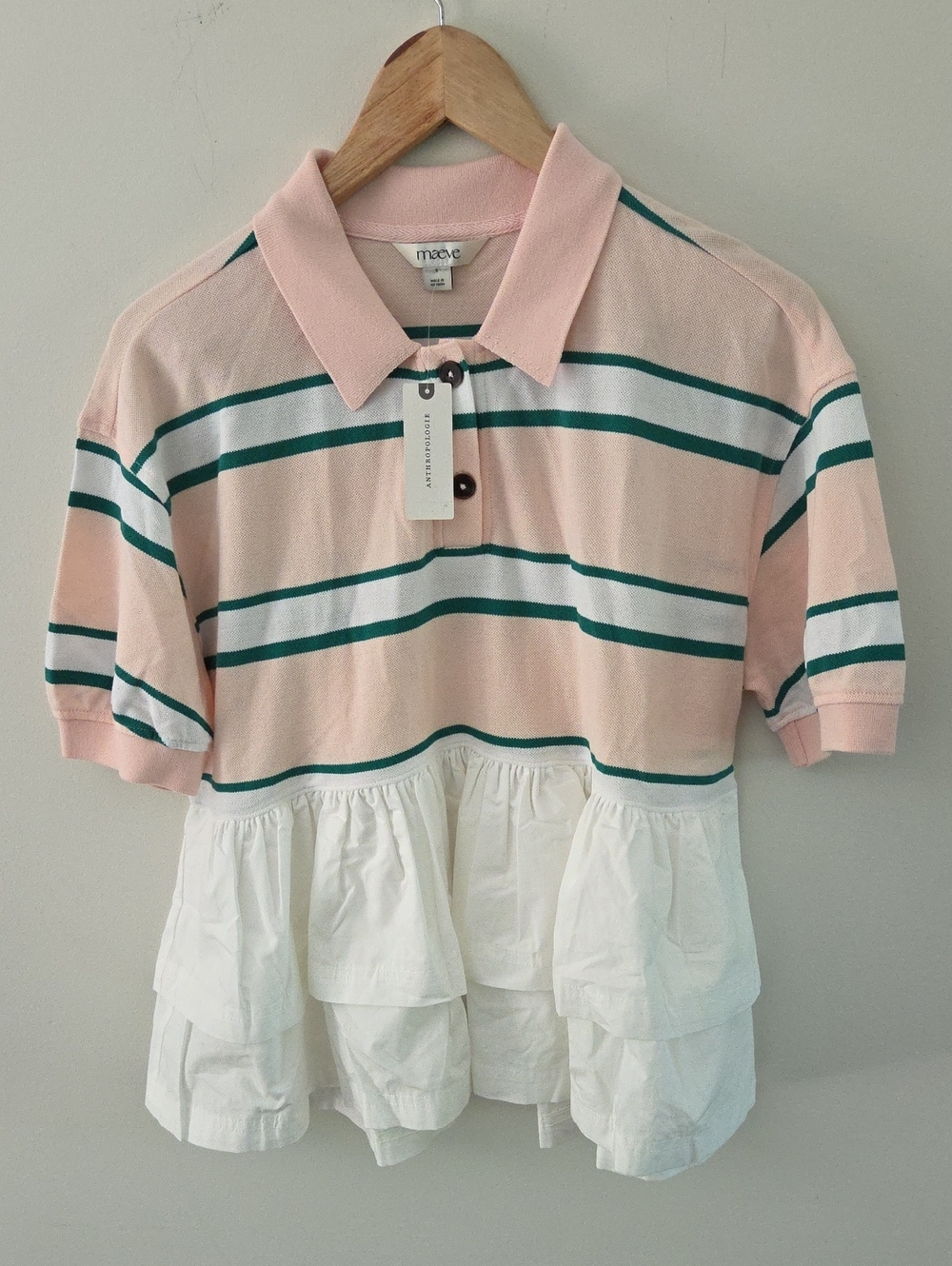 NWT Maeve By Anthropologie Pink and Teal Striped Polo Peplum Top